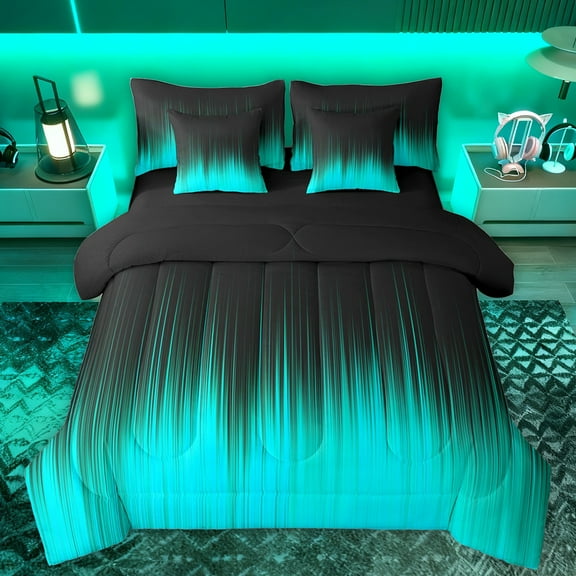 Manfei Black Cyan Stripes Bedding Comforter Set 7pcs for Adult, Chic Abstract Lines King Bedding Sets, Modern Fashion Style Reversible Bed Sheets, Super Cozy Room Decor