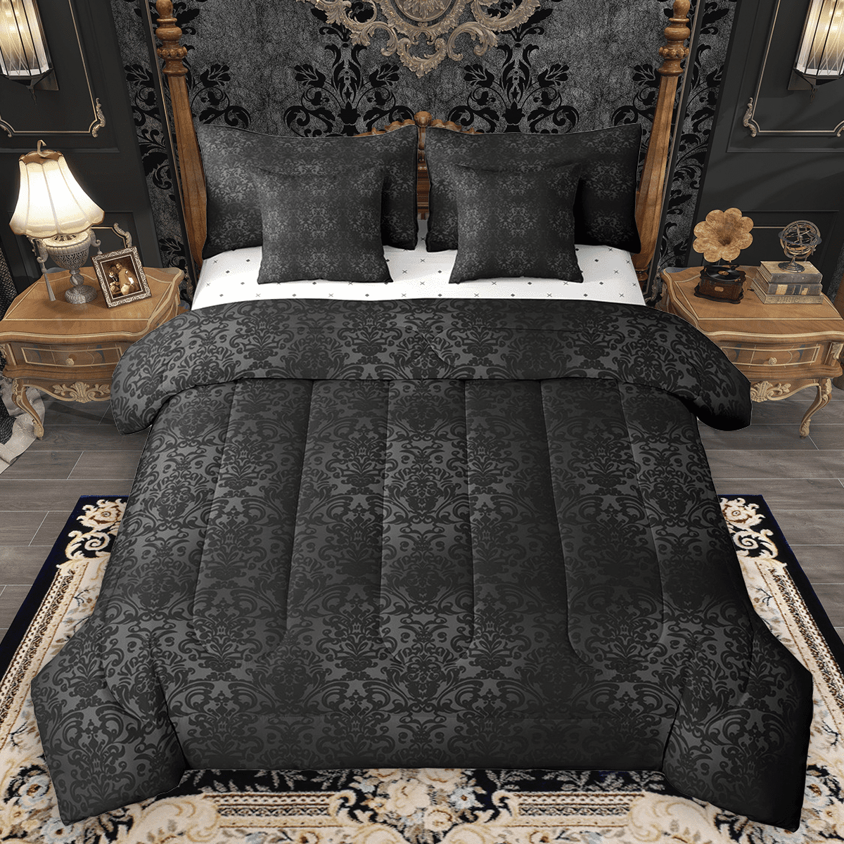 Manfei Black Damask Bedding Comforter Set 7 Pieces, Traditional Baroque ...