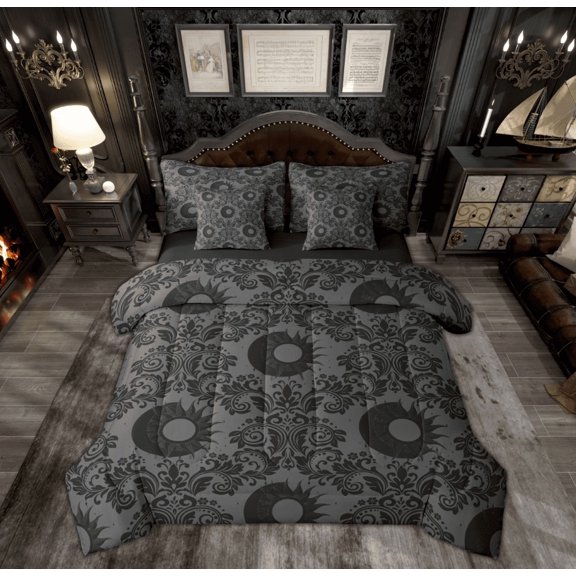 Manfei Black Damask Floral Bedding Comforter Set 7 Pieces, Mystic Moon Sun Full Bedding Set, Bohemian Mandala Western Reversible Fitted Sheet Flat Sheet, Luxury Bedroom Decor