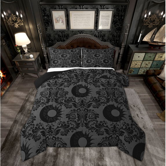 Manfei Black Damask Floral Bedding Comforter Set, Mystic Moon Sun Twin Comforter Sets, Bohemian Mandala Western Reversible Bedding Set, Luxury Bedroom Decor, 2 Pieces