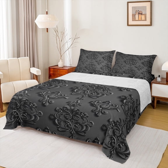 Manfei Black Damask Flower Full Size Sheets for Kids, Tribal Hippie Bohemian Bed Sheets, Vintage Western Style Sheet Sets, Lightweight Room Decor, 4-Piece