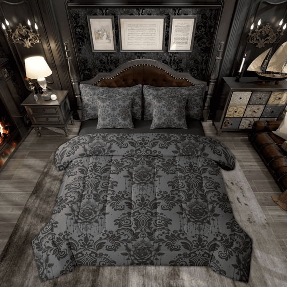 Manfei Black Damask Print Bedding Comforter Set 7pcs, Gothic Romantic Rose Queen Bedding Sets, Bohemian Mandala Western Reversible Queen Sheet Sets, Microfiber Bedroom Decor