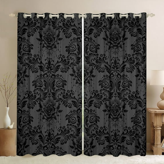 Manfei Black Damask Print Black Out Curtains, Gothic Romantic Rose Curtains Pack of 2 (42x63 Each), Bohemian Mandala Western Bedroom Curtains, Curtains Blackout Bedroom Decor