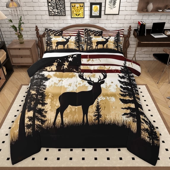 Manfei Black Deer 2pcs Bedding Comforter Set for Children Teens,USA Flag Twin Comforter Sets,Retro Graffiti Splash Breathable Bedding Set,Microfiber Bedroom Decor,Reversible