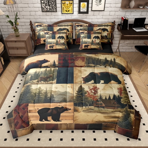 Manfei Black Elk Deer Moose 7-Piece Twin Bedding Sets, Western Animal Wildlife Bedding Comforter Set, Rustic Lodge Cabin Patchwork Reversible Sheet Sets, Microfiber Bedroom Decor