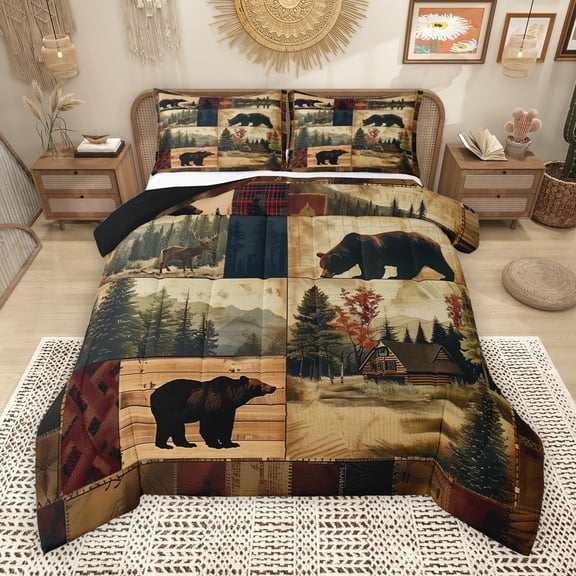 Manfei Black Elk Deer Moose Queen Comforter Set, Western Animal Wildlife Bedding Sets, Rustic Lodge Cabin Patchwork Reversible Bedding Comforter Set, Microfiber Bedroom Decor, 3 Pieces