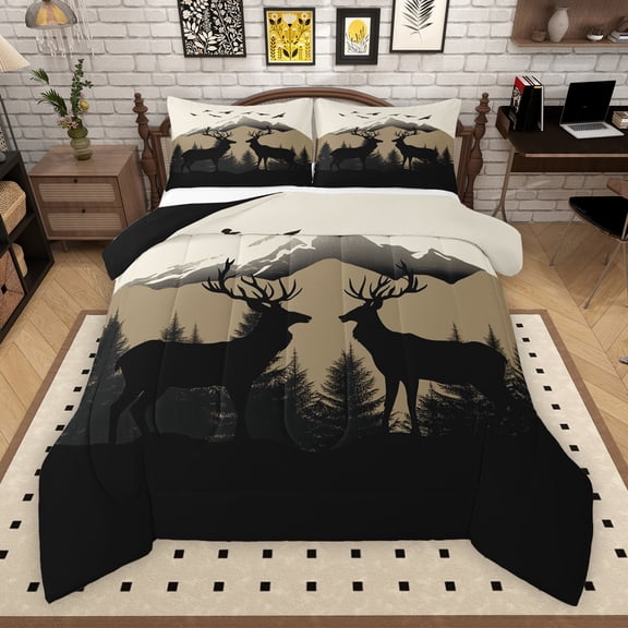 Manfei Black Elk Deer Moose Queen Comforter Set, Western Animal Wildlife Bedding Sets, Rustic Lodge Cabin Reversible Bedding Comforter Set, Microfiber Bedroom Decor, 3pcs