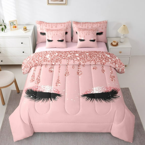 Manfei Black Eyelash Bedding Comforter Set 7-Piece,Pink Glitter Print King Bedding Sets,Modern Abstract Artwork Bed Sheets For Girl Boy,Breathable Home Decor Reversible