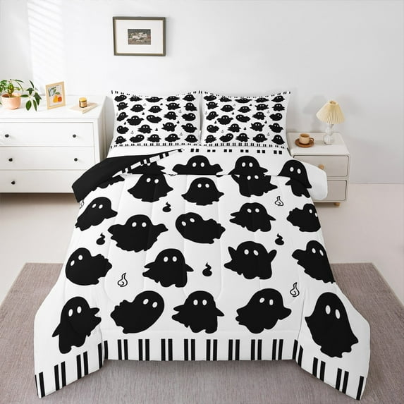 Manfei Black Funny Ghost Full Size Comforter Sets, Happy Halloween Bedding Comforter Set, Teens Boys Girls Kids Reversible Bedding Sets, Super Cozy Room Decor, 3-Piece