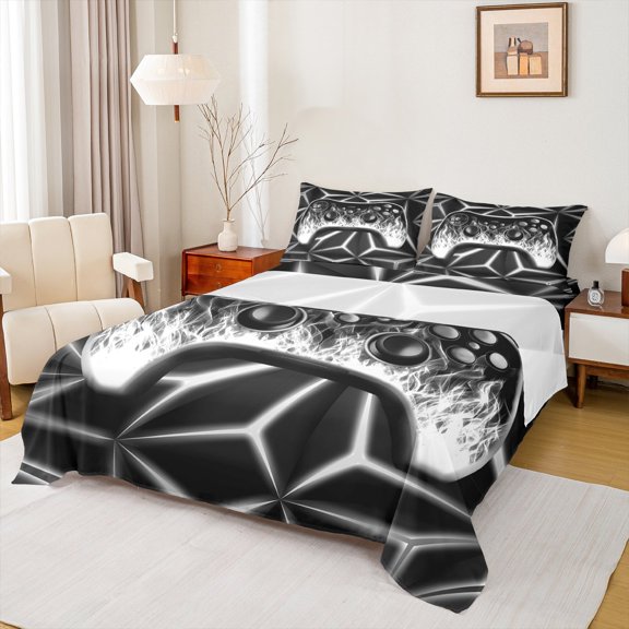 Manfei Black Game Console Bed Sheets,Gamer Gaming King Sheets,Silver Black Sheet Set For Boys,Breathable Bedroom Decorative,4pcs