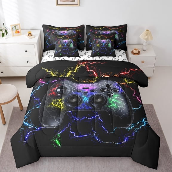 Manfei Black Game Console Bedding Comforter Set 7pcs for Teen, Futuristic Lightning Queen Bedding Sets, Gamepad Player Reversible Queen Sheet Sets, Breathable Home Decor