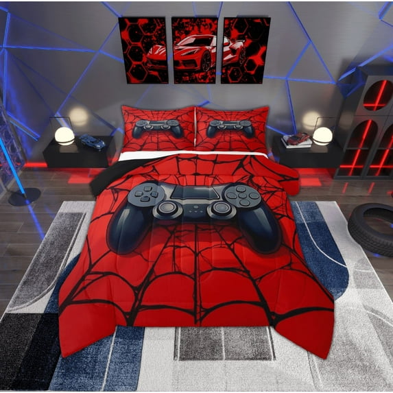 Manfei Black Game Console Bedding Comforter Set,Gamer Gaming Twin Comforter Sets,Halloween Spider Webs Bedding Set For Boys,Breathable Bedroom Decorative Reversible,2 Pieces