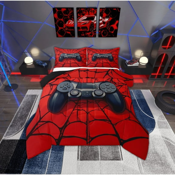 Manfei Black Game Console Bedding Comforter Set,Gamer Gaming Twin Comforter Sets,Halloween Spider Webs Bedding Set For Boys,Breathable Bedroom Decorative Reversible,2 Pieces