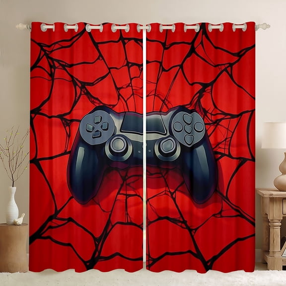 Manfei Black Game Console Black Out Curtains,Gamer Gaming Curtains Pack of 2 (42x63 Each),Halloween Spider Webs Bedroom Curtains For Boys,Breathable Bedroom Decorative