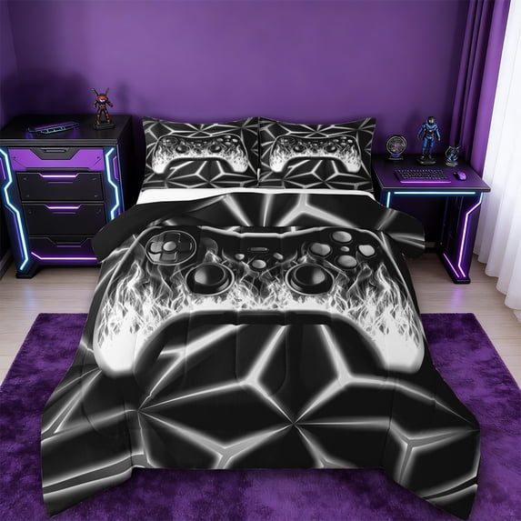 Manfei Black Game Console Queen Comforter Set,Gamer Gaming Bedding Sets,Silver Black Bedding Comforter Set For Boys,Breathable Bedroom Decorative Reversible,3 Pieces