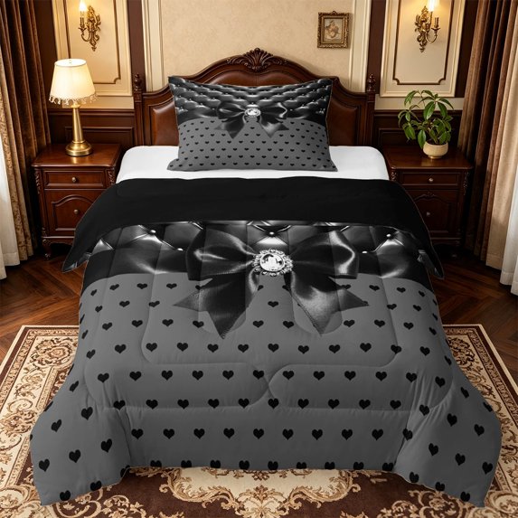 Manfei Black Geometric Dot Twin Comforter Sets,Ribbon Bowknot Bedding Set,Black Reversible,2-Piece,1 Comforter and 1 Pillowcase
