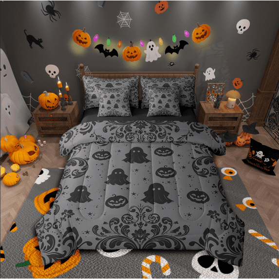 Manfei Black Ghost Bed in a Bag Full size,Halloween Pumpkin Bed Set,Boho Damask Bedding Full Size,Ultra Soft Spooky Room Decor,Reversible,7 Pieces