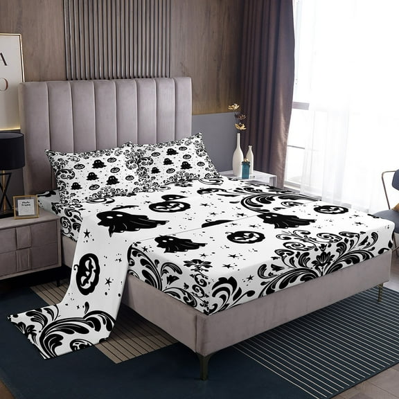 Manfei Black Ghost Sheet Set Twin,Halloween Pumpkin Bedding Sets Twin Size,Boho Damask Twin Sheet Sets,Ultra Soft Spooky Room Decor,3pcs
