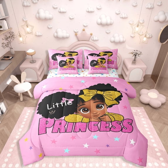 Manfei Black Girl 7-Piece Twin Bedding Sets,Kawaii Princess Bedding Comforter Set,Colorful Stars Breathable Sheet Sets,Super Cozy Glitter Room Decoration,Reversible