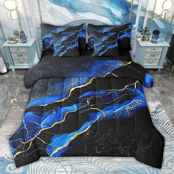Manfei Black Gold Blue 7-Piece Bedding Sets Queen Size, Watercolor Marble Comforter Sets with Sheets, Abstract Stone Pattern Bedding Accessories, Ultra Soft Bedroom Decoration