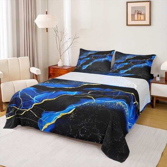 Manfei Black Gold Blue Bed Sheets Set Full Size, Watercolor Marble Bedding Sets Full Size, Abstract Stone Pattern Top Sheet, Ultra Soft Bedroom Decoration, 4-Piece