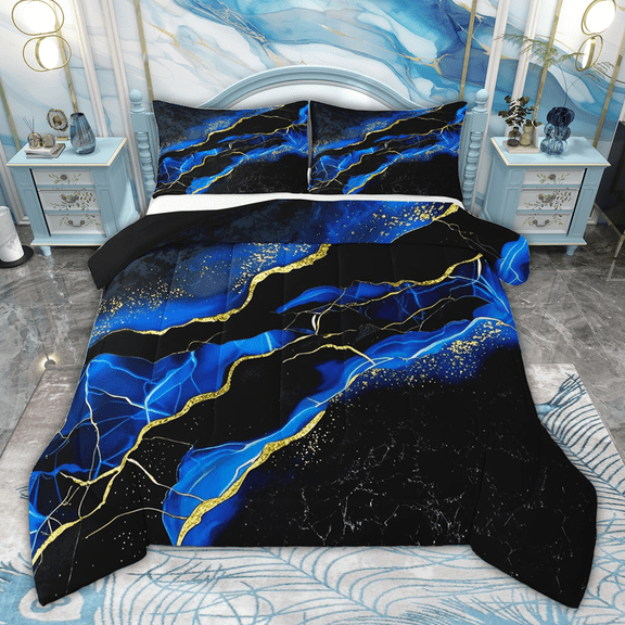 Manfei Black Gold Blue Comforter Sets Queen Size, Watercolor Marble Comforters & Duvets, Abstract Stone Pattern Bedding Queen Comforter Set, Ultra Soft Bedroom Decoration, 3-Piece Reversible