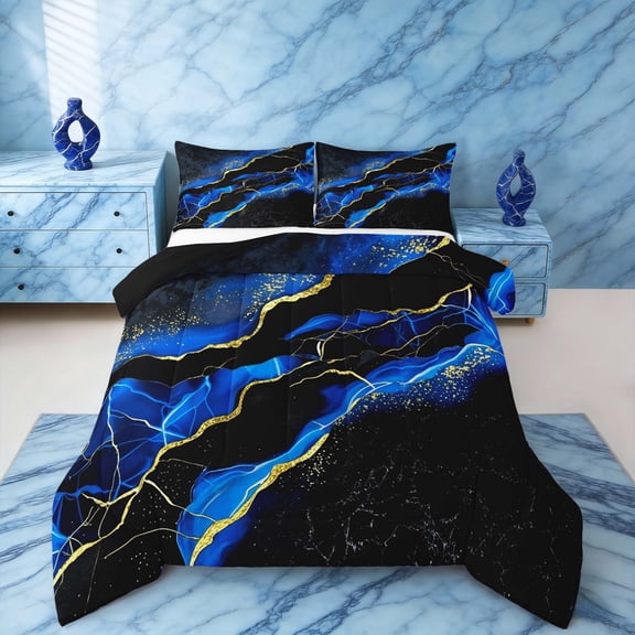 Manfei Black Gold Blue Comforter Sets Queen Size, Watercolor Marble Comforters & Duvets, Abstract Stone Pattern Bedding Queen Comforter Set, Ultra Soft Bedroom Decoration, 3-Piece Reversible