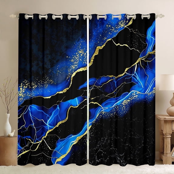 Manfei Black Gold Blue Curtains for Living Room, Watercolor Marble Blackout Curtains Set of 2 (42x63), Abstract Stone Pattern Window Treatments, Luxurious Bedroom Decoration