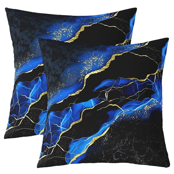 Manfei Black Gold Blue Pillow Cases Set of 2, Watercolor Marble Cushion Covers 22x22, Abstract Stone Pattern Cushion Covers for Sofa, Ultra Soft Bedroom Decoration