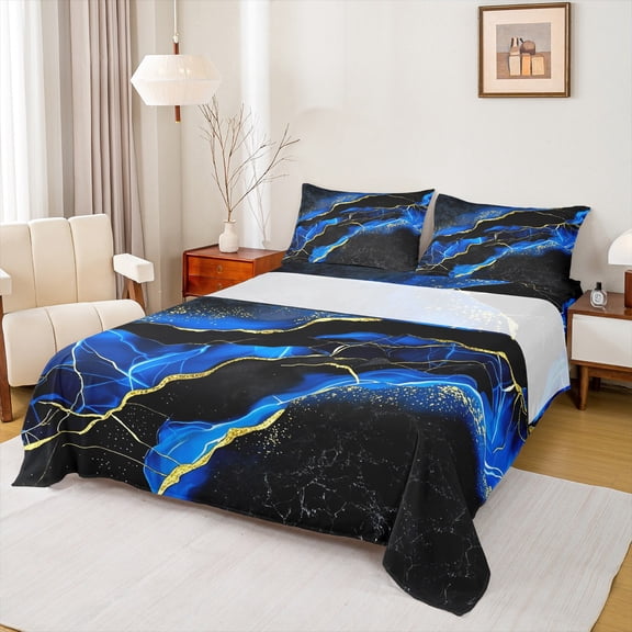 Manfei Black Gold Blue Twin Sheet Sets, Watercolor Marble Bedding Twin Size, Abstract Stone Pattern Fitted Sheet, Ultra Soft Bedroom Decoration, 3 Pieces