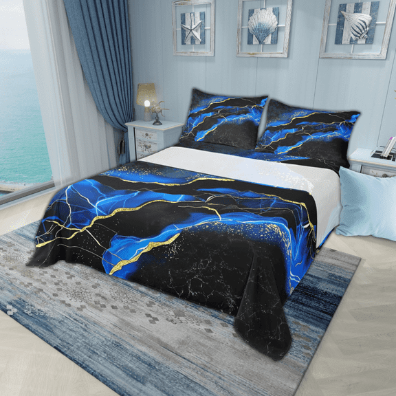 Manfei Black Gold Blue Twin Sheet Sets, Watercolor Marble Bedding Twin Size, Abstract Stone Pattern Fitted Sheet, Ultra Soft Bedroom Decoration, 3 Pieces