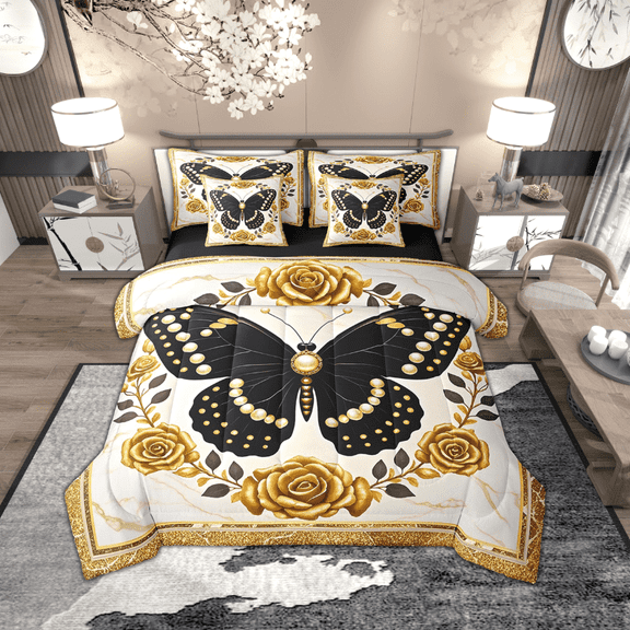 Manfei Black Gold Butterfly 7pcs Bedding Twin Size, Dreamy Golden Blossoms Comforter Sets with Sheets, Modern Aesthetic Bed Set, Microfiber Bedroom Decorative