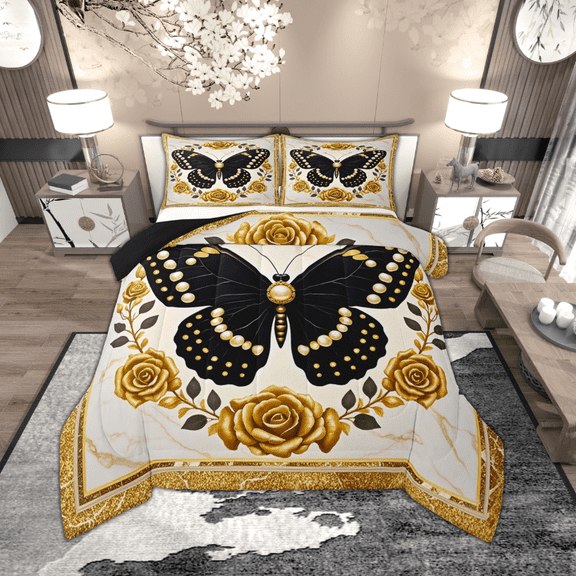 Manfei Black Gold Butterfly Comforter Sets Twin Size, Dreamy Golden Blossoms Comforters & Duvets, Modern Aesthetic Bedding Twin Comforter Set, Microfiber Bedroom Decorative, 2-Piece Reversible