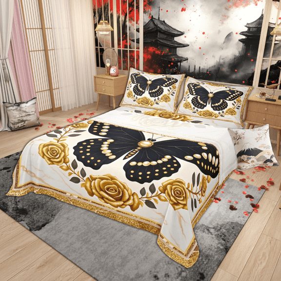 Manfei Black Gold Butterfly Sheet Set King, Dreamy Golden Blossoms Bedding Sets King Size, Modern Aesthetic Flat Sheet, Microfiber Bedroom Decorative, 4pcs