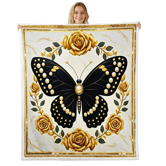 Manfei Black Gold Butterfly Sherpa Blanket 60x80, Dreamy Golden Blossoms Fuzzy Blanket Throw, Modern Aesthetic Flannel Blanket, Microfiber Bedroom Decorative