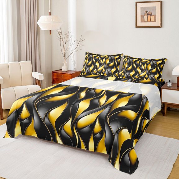 Manfei Black Gold Queen Sheets, Gradient Wave Striped Queen Sheet Sets, Black Reversible 4 Pieces1 Flat Sheet + 1 Fitted Sheet + 2 Pillowcases