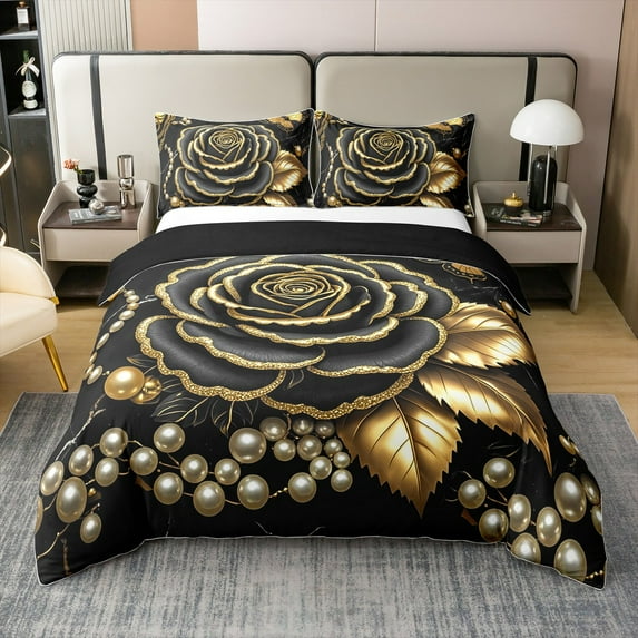 Manfei Black Gold Rose 100% Cotton Comforter Cover Full for Women, Golden Leaves Bedding Full Size, Princess Pearl Bedding Accessories, Lightweight Bedroom Decor