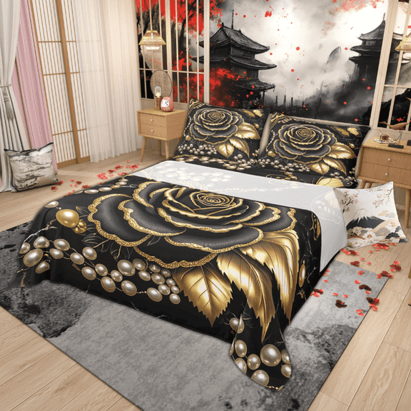 Manfei Black Gold Rose Bed Sheets Full for Women, Golden Leaves Bedding Full Size, Princess Pearl Bedroom Set, Lightweight Bedroom Decor, Top Sheet + Fitted Sheet + Pillowcase
