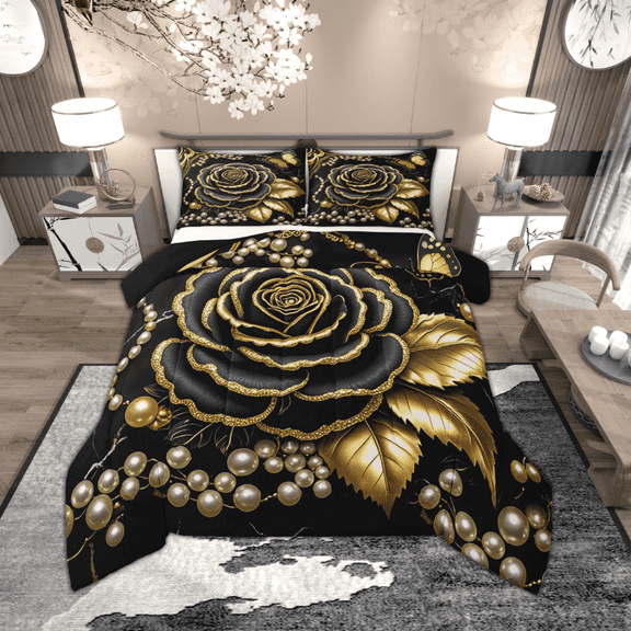 Manfei Black Gold Rose Bedding Twin Comforter Set for Women, Golden Leaves Down Comforter, Princess Pearl Bedding Sets Twin with Comforter, Lightweight Bedroom Decor, 2 Pieces Reversible