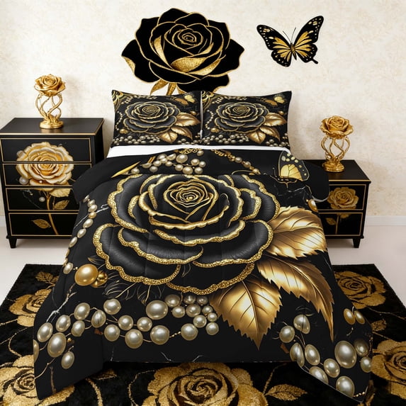Manfei Black Gold Rose Comforter Sets Toddler Size for Women, Golden Leaves Comforters & Duvets, Princess Pearl Bedding Toddler Comforter Set, Lightweight Bedroom Decor, 2-Piece Reversible