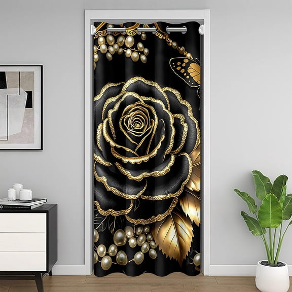 Manfei Black Gold Rose Door Curtain For Door Window 34x80 for Women, Golden Leaves Door Drape, Princess Pearl Door Curtain Decoration, Lightweight Bedroom Decor