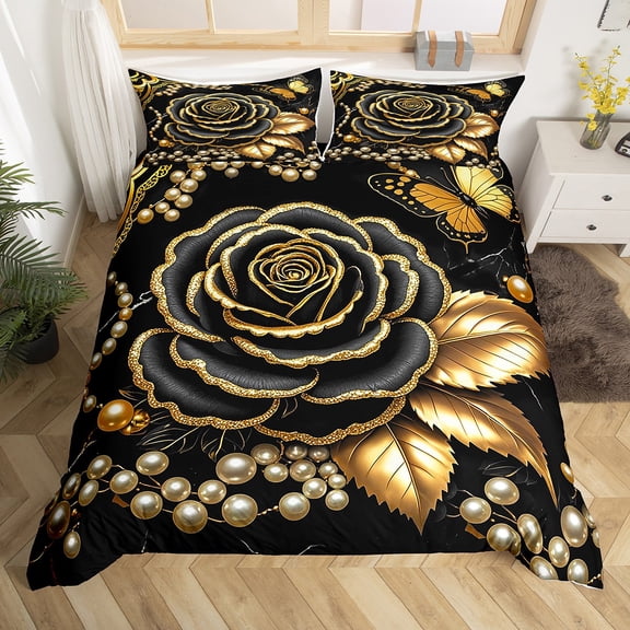 Manfei Black Gold Rose Duvet Cover Queen for Women, Golden Leaves Bedding Sets Queen Size, Princess Pearl Comforter Cover Queen, Lightweight Bedroom Decor, Zipper Closure and Reversible 3 Pieces