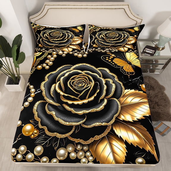 Manfei Black Gold Rose Fitted Sheet Set Twin for Women, Golden Leaves Bedding Twin Size, Princess Pearl Bed Cover, Lightweight Bedroom Decor, 2 Pieces