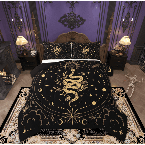 Manfei Black Gold Snake Full Size Comforter Sets for Adult, Western Bohemian Stars Moon Bedding Comforter Set, Mandala Theme Reversible Bedding Sets, Lightweight Room Decor, 3 Pieces
