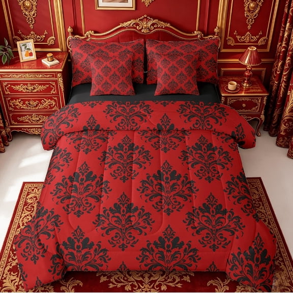 Manfei Black Gothic Damask 7-Piece Bedding Comforter Set,Retro Victorian Floral King Bedding Sets,Boho Exotic Style Bed Sheets For Adults,Microfiber Bedroom Decor Reversible