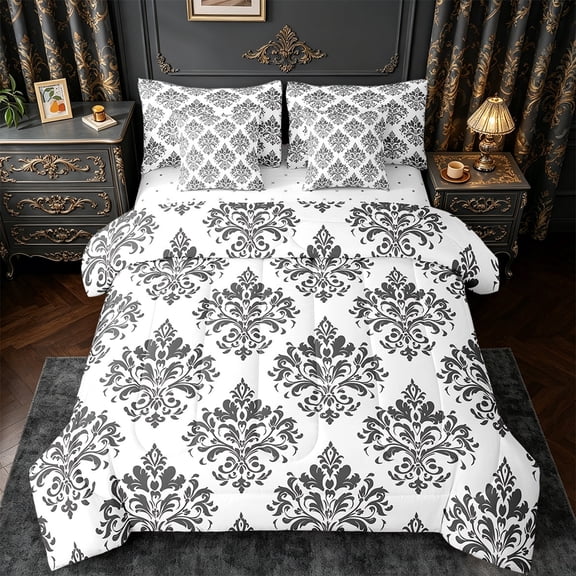 Manfei Black Gothic Damask 7-Piece Twin Bedding Sets,Retro Victorian Floral Bedding Comforter Set,bohemian Exotic Style Sheet Sets For Adults,Microfiber Bedroom Decor Reversible