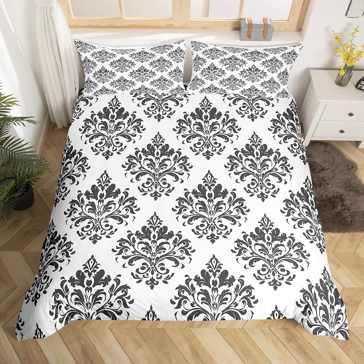 Manfei Black Gothic Damask Duvet Cover Twin,Retro Victorian Floral ...