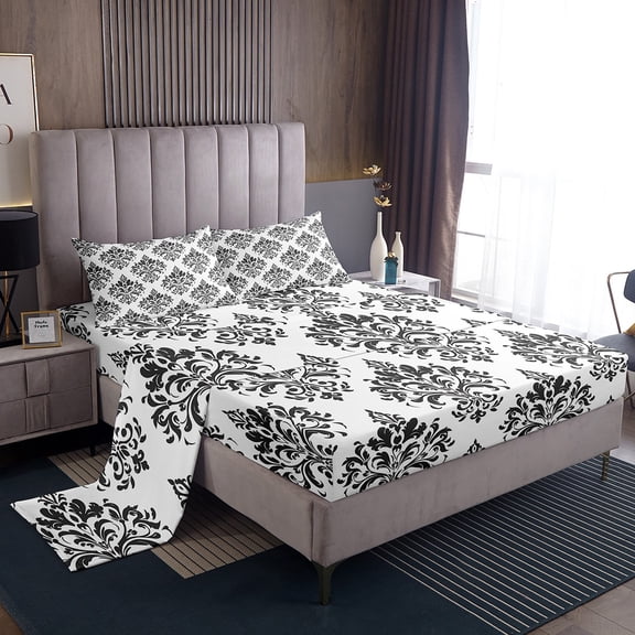 Manfei Black Gothic Damask Twin Sheet Sets,Retro Victorian Floral Twin Fitted Sheet,bohemian Exotic Style Flat Sheet For Adults,Microfiber Bedroom Decor,3 Pieces
