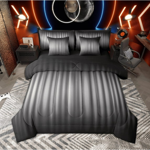 Manfei Black Gray Bedding Comforter Set, Neon Gradient Stripe Full Bedding Set, Modern Abstract Geometric Fitted Sheet Flat Sheet, Breathable Home Decor Reversible 7 Pieces