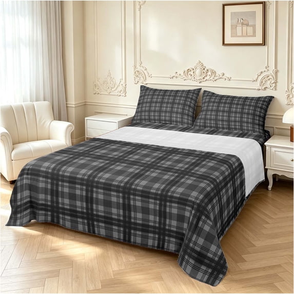 Manfei Black Gray Checkered King Sheets,Geometric Check Bedding,,4 Pieces,1 Flat Sheet,1 Fitted Sheet and 2 Pillowcases